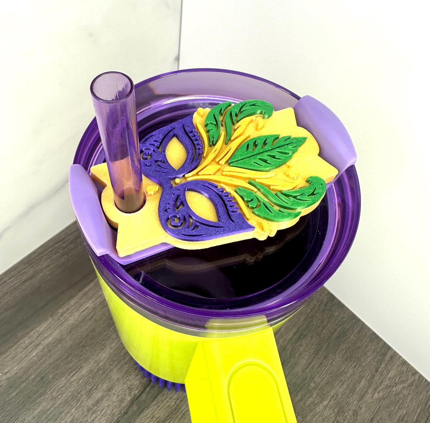 3D Printed Mardi Gras Mask Lid Topper for Stanley Tumblers –Festive Feathers in Purple, Gold & Green – Fits 20oz, 30oz, 40oz Cups! Cup Charm