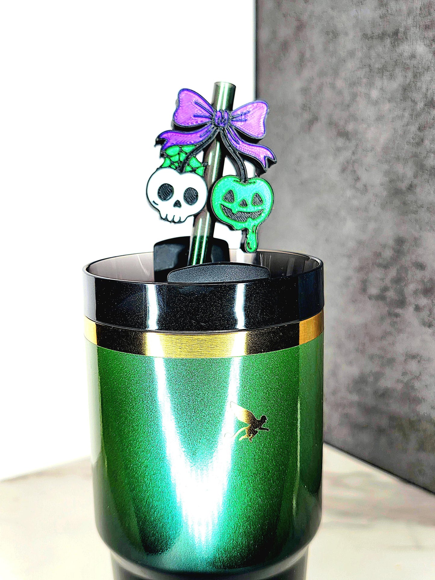 Cherry Skull & Pumpkin Straw Topper Charm – Halloween Tumbler Accessory with Bow | 3D Printed | Fits 7–10mm Straws | Custom Colors