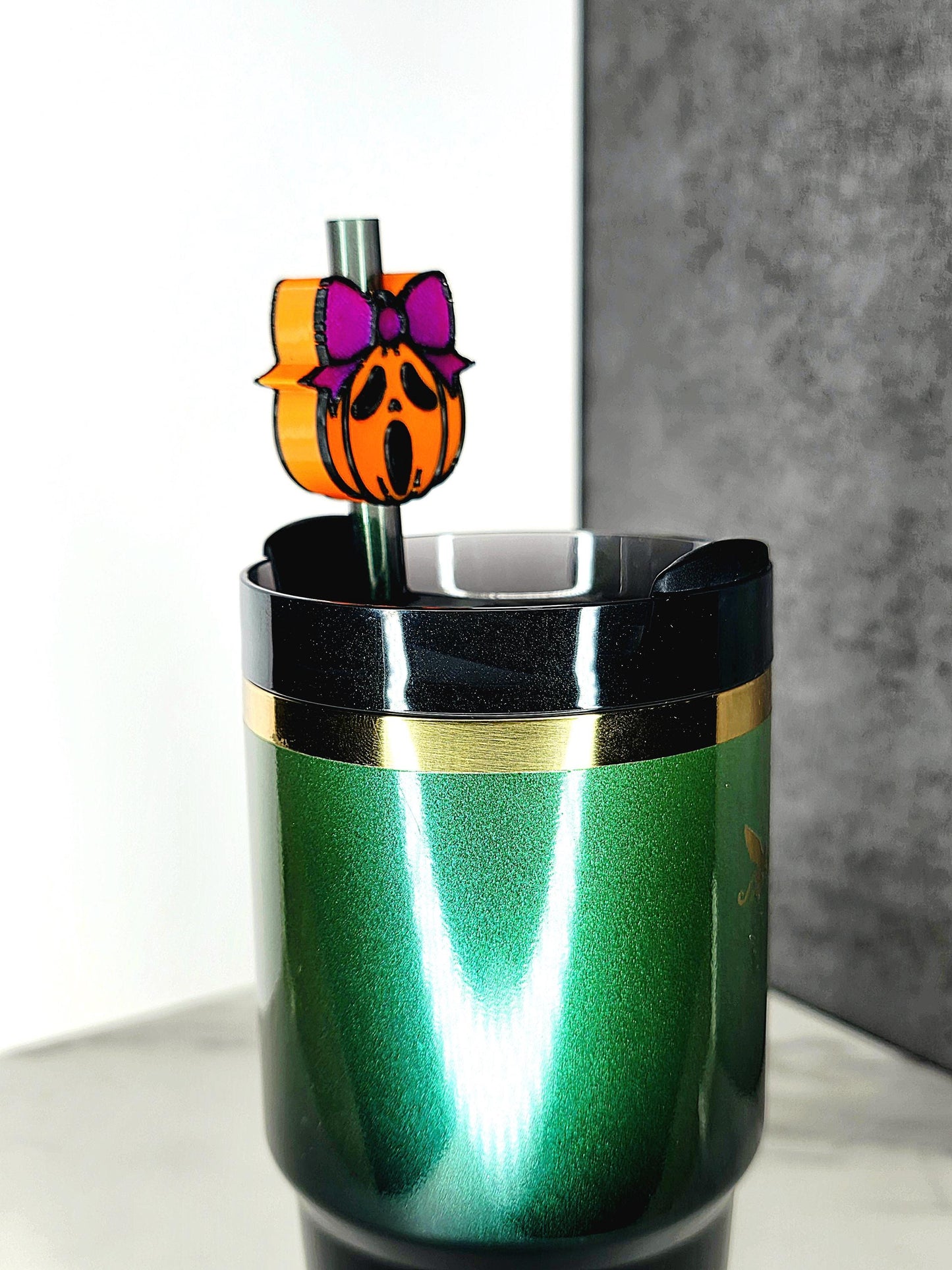 Ghost Pumpkin with Bow Straw Topper Charm – Spooky Cute Tumbler Accessory | 3D Printed for 7–10mm Straws | Custom Colors Available
