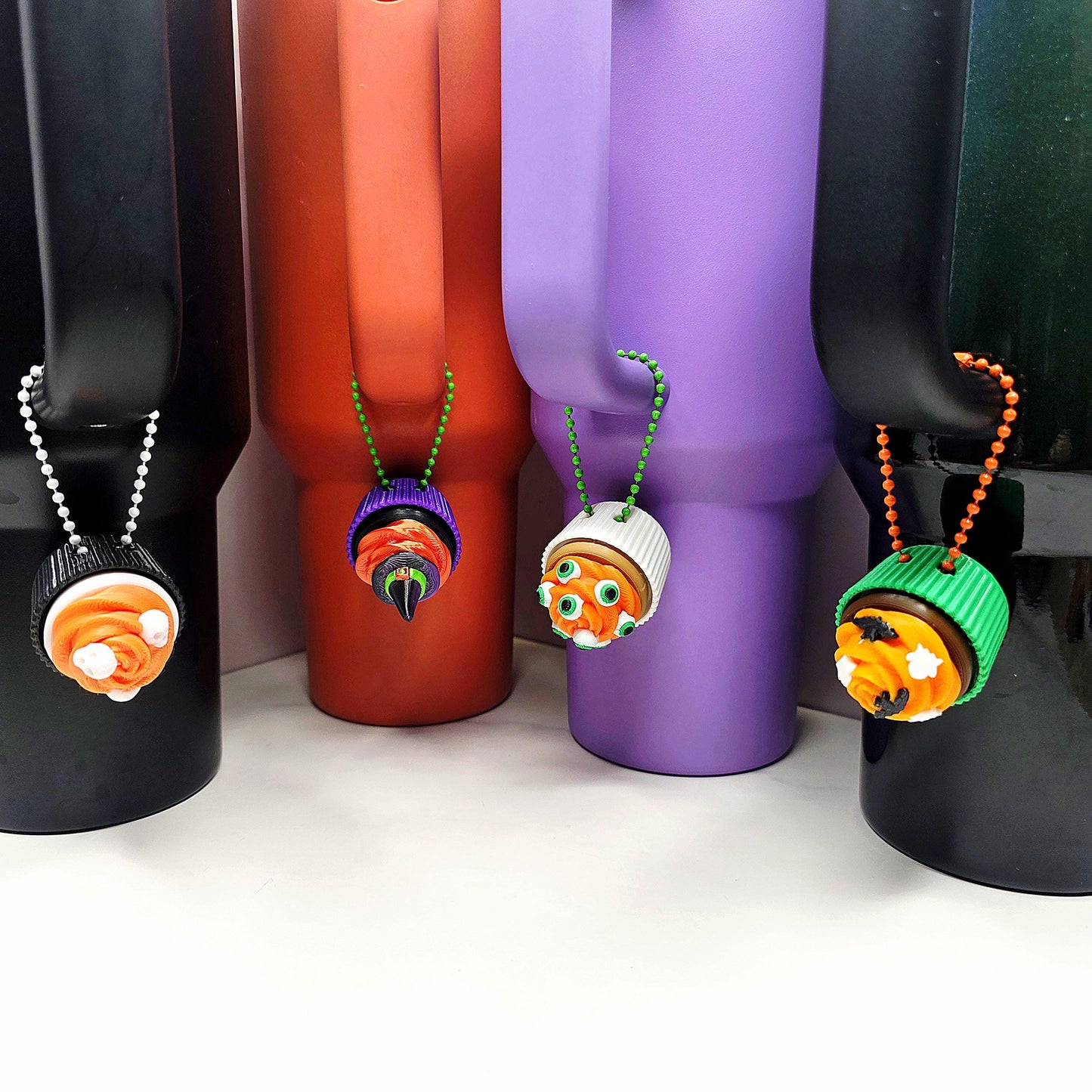 Spooky Halloween Cupcake Fidget Keychain Clicker Charms | Skull, Eyeball, Bat, Ghost & Witch Hat Toppings for Keys, Tumblers, Bags, and More