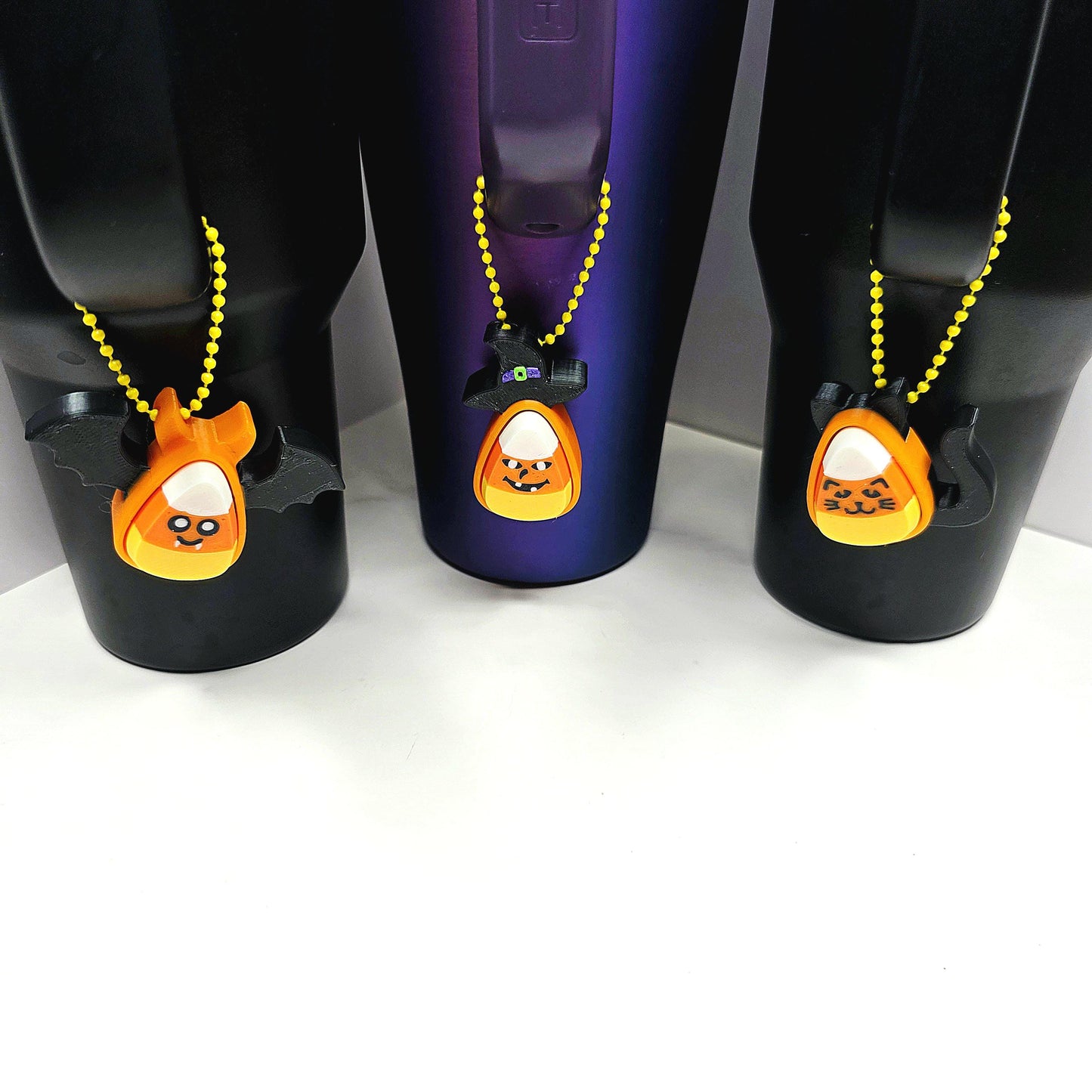 3D Printed Spooky Candy Corn Fidget Clicker Keychains | Vampire Bat, Witch & Kitty Halloween Holographic Key Charms