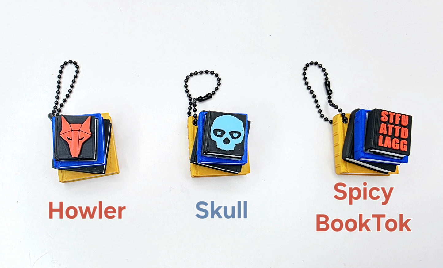 3D Printed Stack of Books Fidget Clicker Keychain – Wizard Hat, Sleeping Dragon, Cat, Wolf, Skull & Spicy Designs | Custom Color and Designs