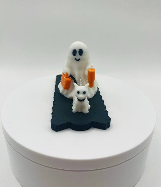 Ghost Walking Cat Halloween Lid Topper for Stanley Tumblers – 3D Printed with Mini Tumbler & Bogg Bag – Fits 20oz 30oz 40oz Stanley Tumbler