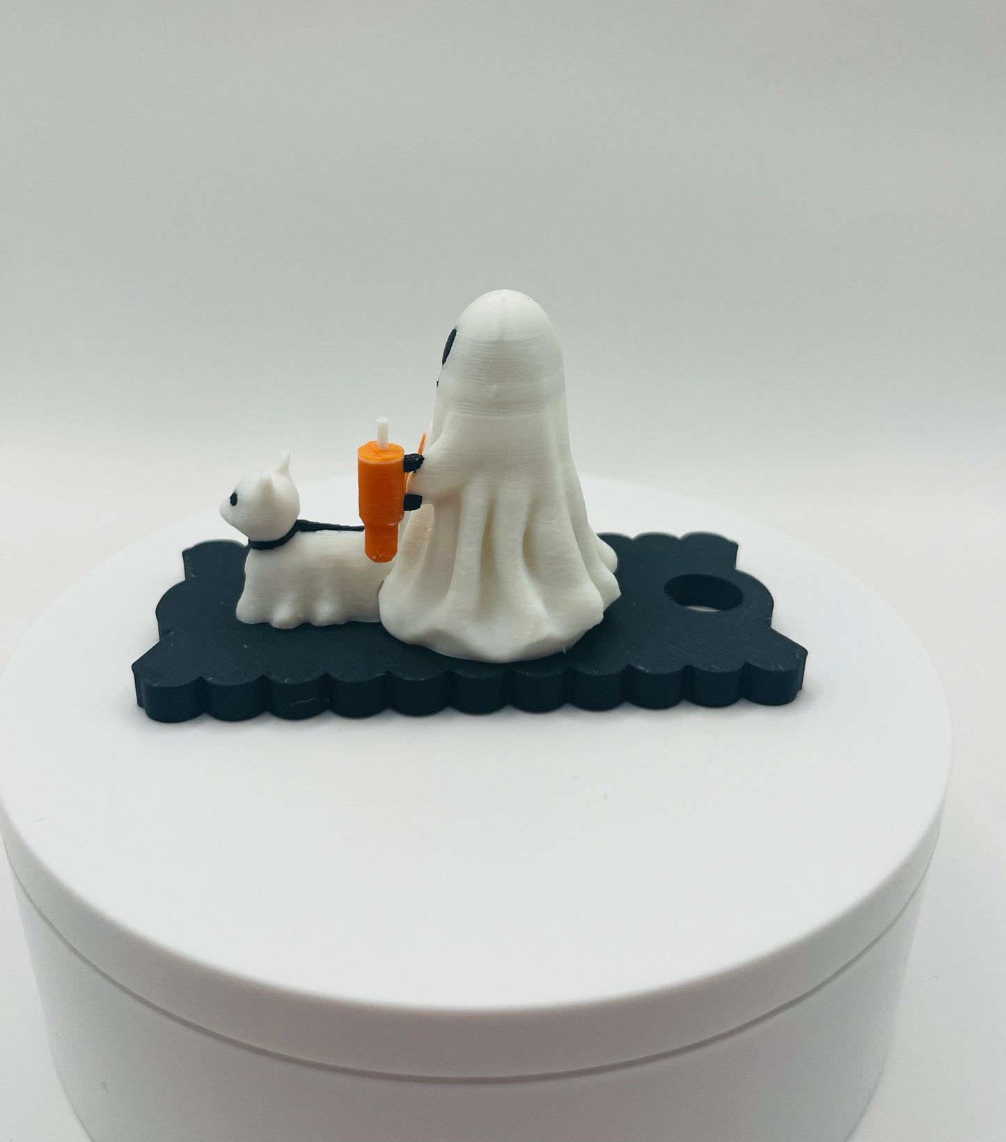 Ghost Walking Cat Halloween Lid Topper for Stanley Tumblers – 3D Printed with Mini Tumbler & Bogg Bag – Fits 20oz 30oz 40oz Stanley Tumbler