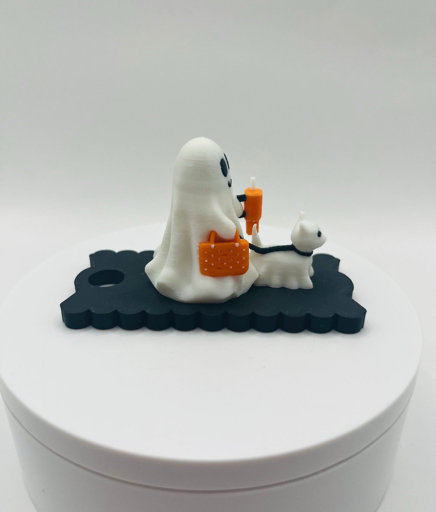 Ghost Walking Cat Halloween Lid Topper for Stanley Tumblers – 3D Printed with Mini Tumbler & Bogg Bag – Fits 20oz 30oz 40oz Stanley Tumbler