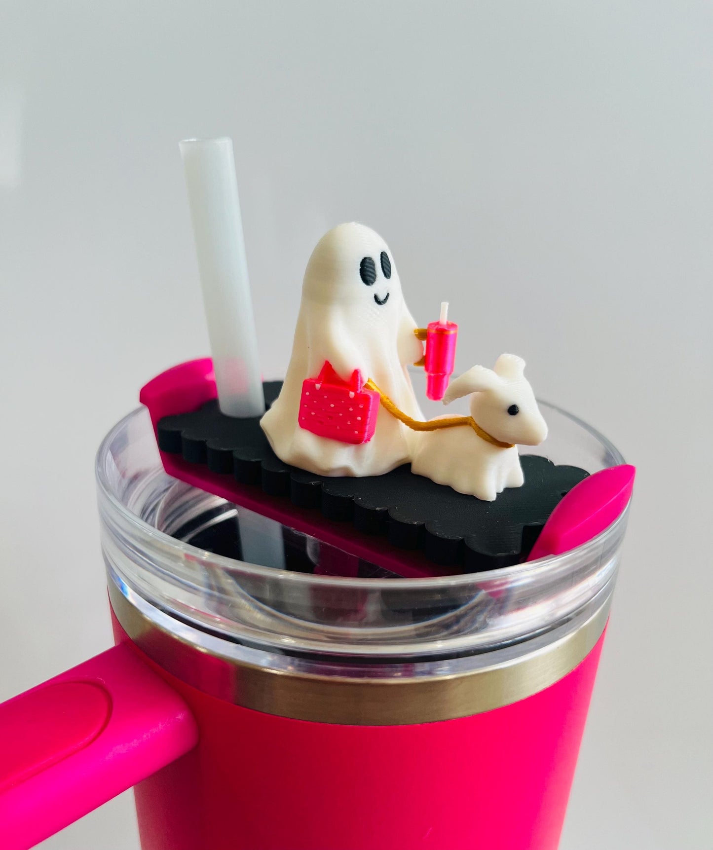 Cute Glow-in-the-dark ghost walking dog lid topper for 30/40oz Stanley! Charged by light, spooky-cute, and perfect for Halloween