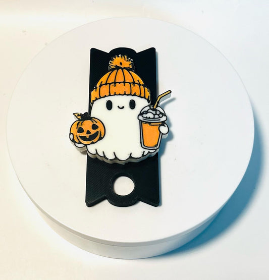 Ghost with Pumpkin and Tumbler Lid Topper for Stanley Tumblers – Cute Halloween Accessory for 30oz & 40oz Cups – Festive Tumbler Decor