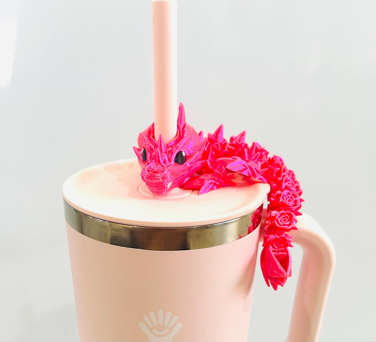 Rose Dragon Straw Topper for Hydroflask – 3D Printed Fantasy Tumbler Accessory with Rose Flowers – Elegant Gift for Dragon and Flower Lovers
