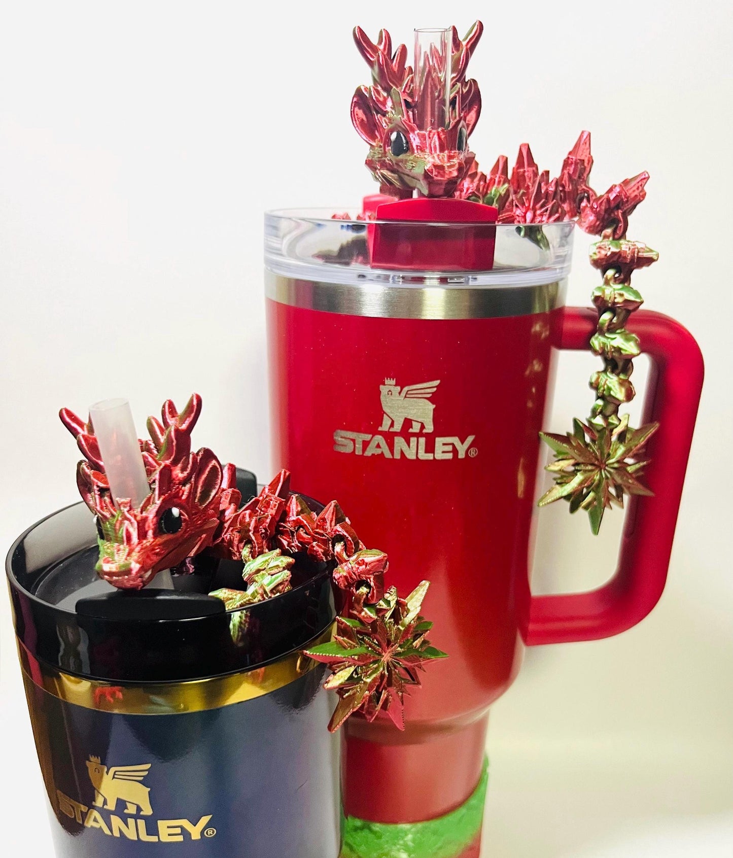 Winter Mommy & Me Dragon Straw Toppers for Stanley Tumblers – Snowflake Tail and Antlers, Fits 14–40oz Holiday Gift Bundle Tumbler Accessory