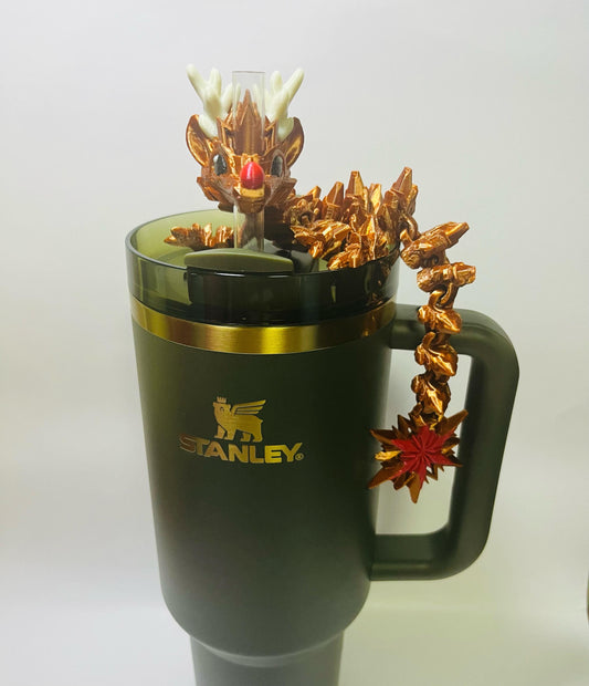Reindeer Winter Dragon Straw Topper Charm for Stanley Tumblers | 10mm Straws | Cute Winter Gift | Festive Holiday Accessory