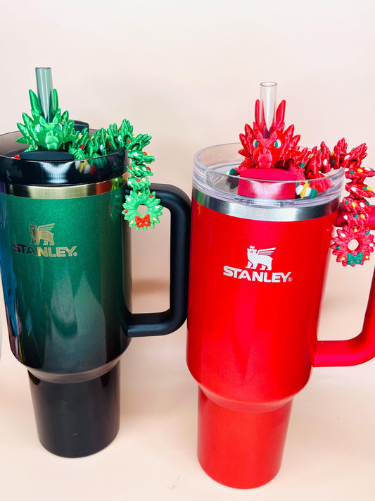 Garland Wreath Winter Dragon Straw Topper Charm for Stanley Tumblers and 10mm Straws | Tumbler Accessories | Festive Holiday Gifts