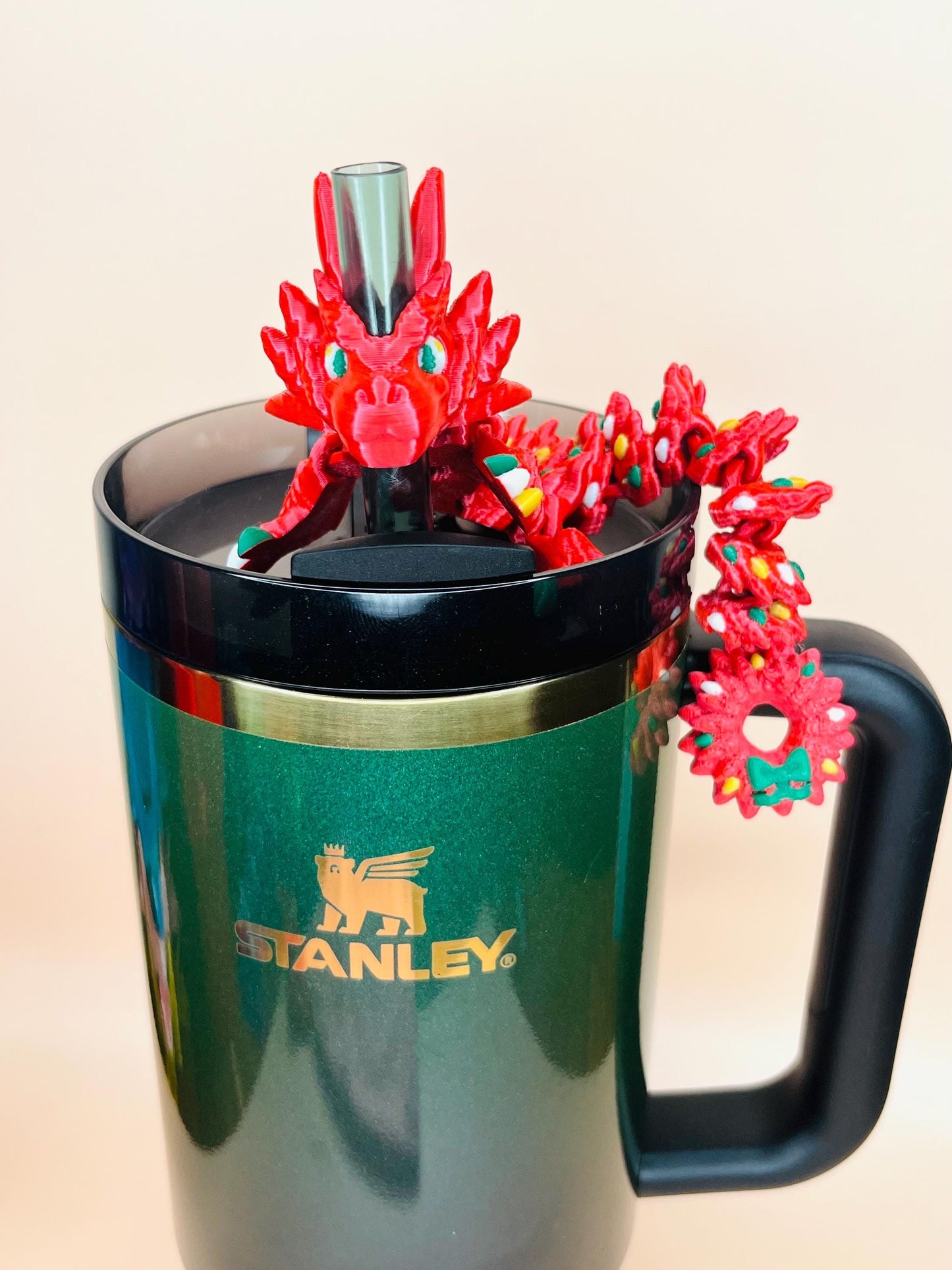 Garland Wreath Winter Dragon Straw Topper Charm for Stanley Tumblers and 10mm Straws | Tumbler Accessories | Festive Holiday Gifts