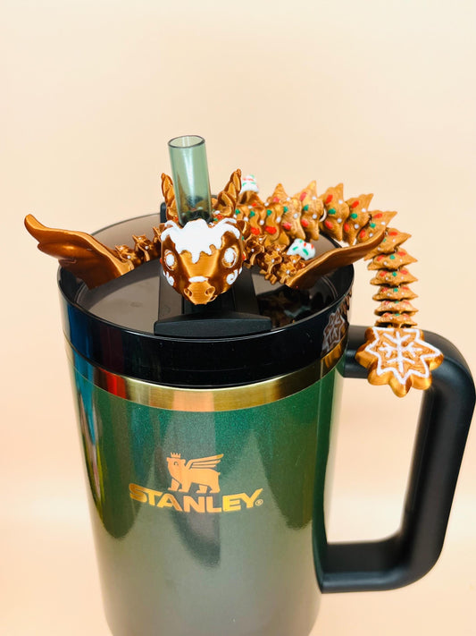 Gingerbread Dragon Straw Topper for Stanley Tumbler | Holiday Cup Charm | Flexible Christmas Drinkware Accessory | Cute Holiday Topper