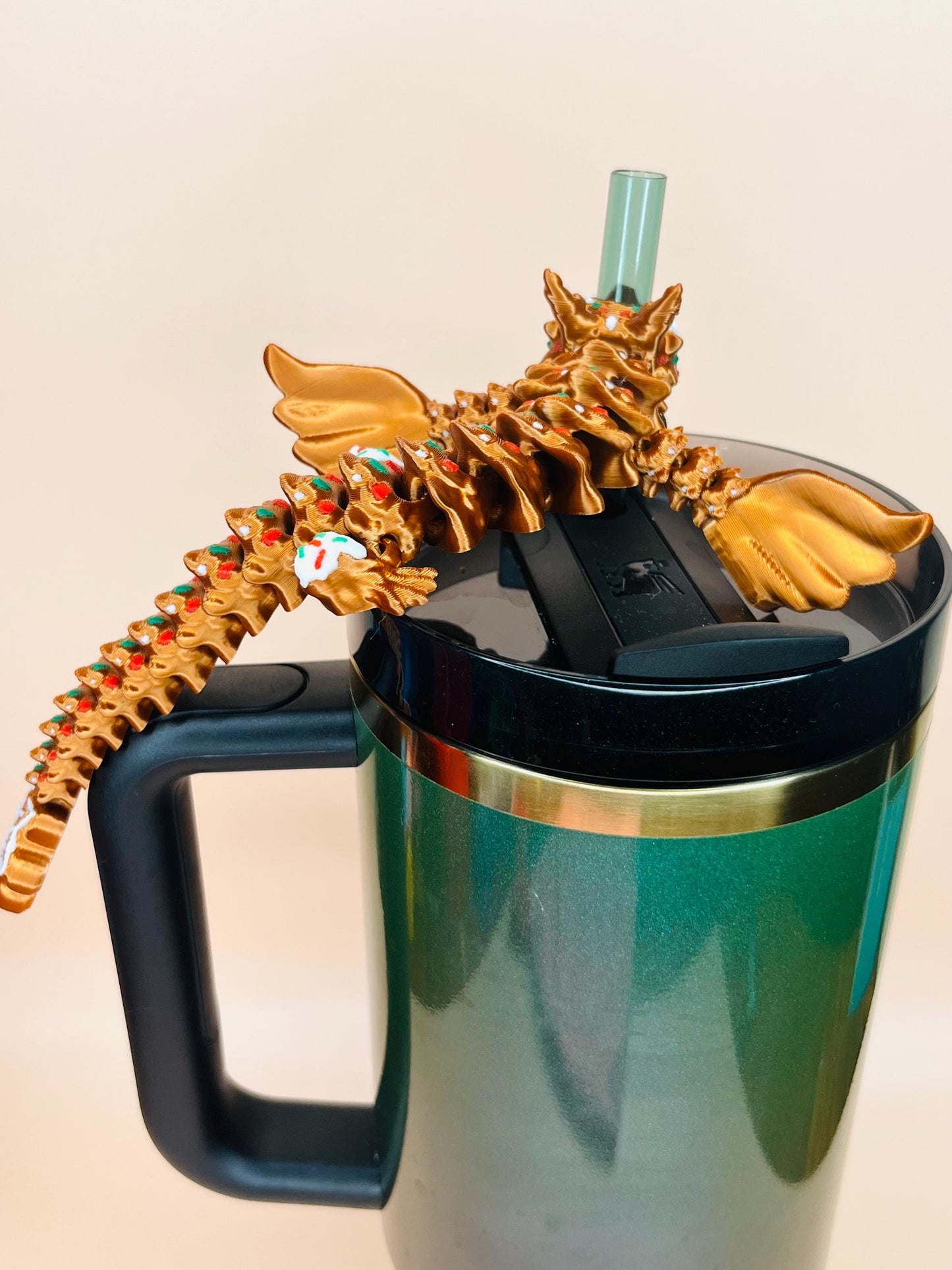 Gingerbread Dragon Straw Topper for Stanley Tumbler | Holiday Cup Charm | Flexible Christmas Drinkware Accessory | Cute Holiday Topper