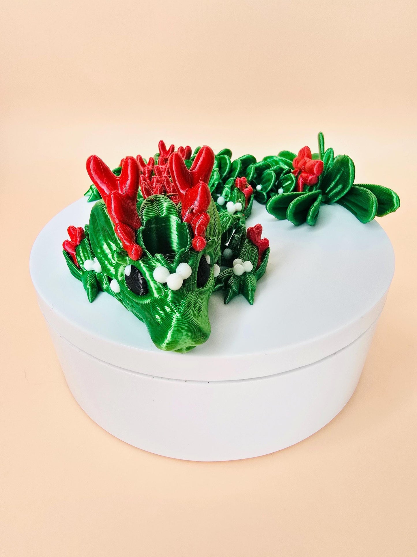 3D Printed Mistletoe Dragon Straw Topper for Stanley Tumblers – Flexible Holiday Tumbler Accessory with Festive Tail & Ribbon | Straw Charms