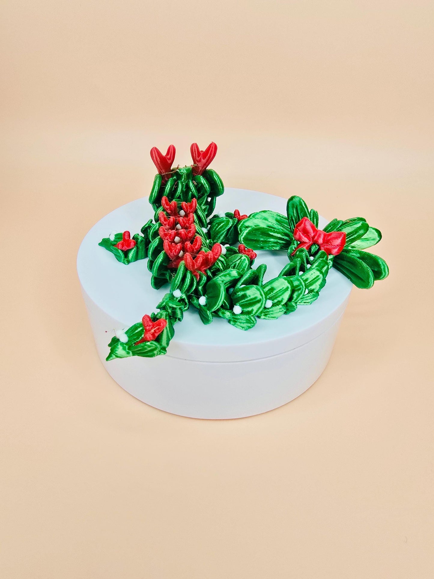 3D Printed Mistletoe Dragon Straw Topper for Stanley Tumblers – Flexible Holiday Tumbler Accessory with Festive Tail & Ribbon | Straw Charms