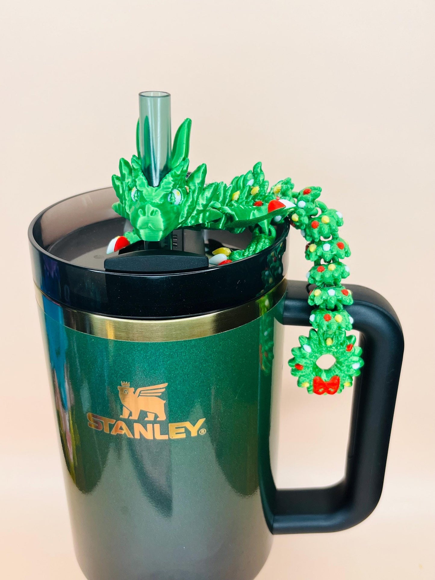 Garland Wreath Winter Dragon Straw Topper Charm for Stanley Tumblers and 10mm Straws | Tumbler Accessories | Festive Holiday Gifts