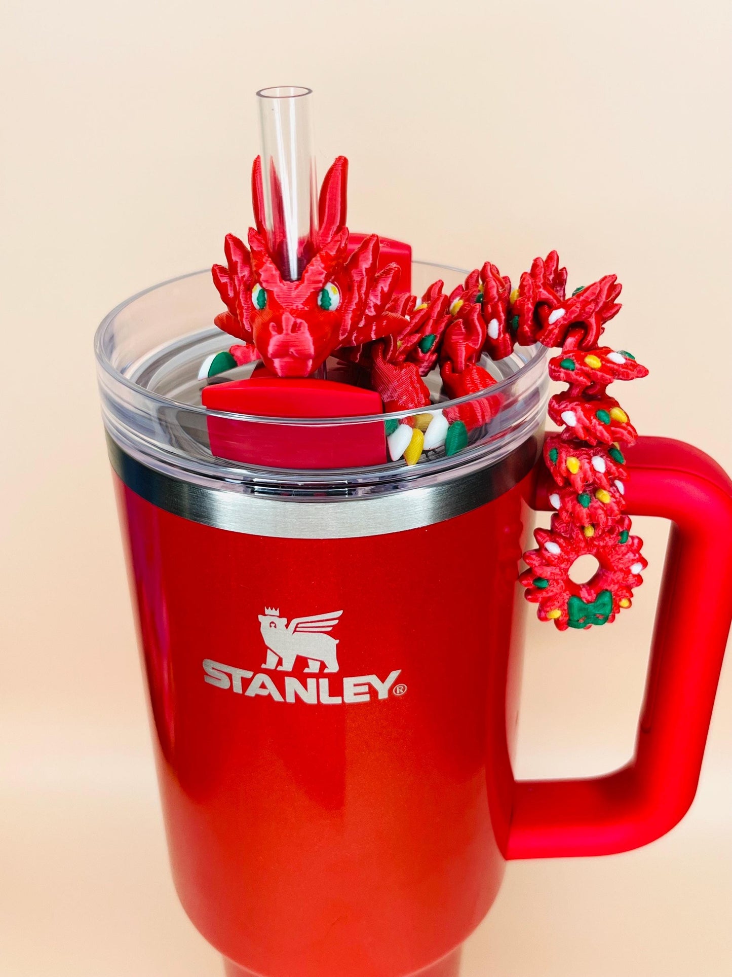 Garland Wreath Winter Dragon Straw Topper Charm for Stanley Tumblers and 10mm Straws | Tumbler Accessories | Festive Holiday Gifts