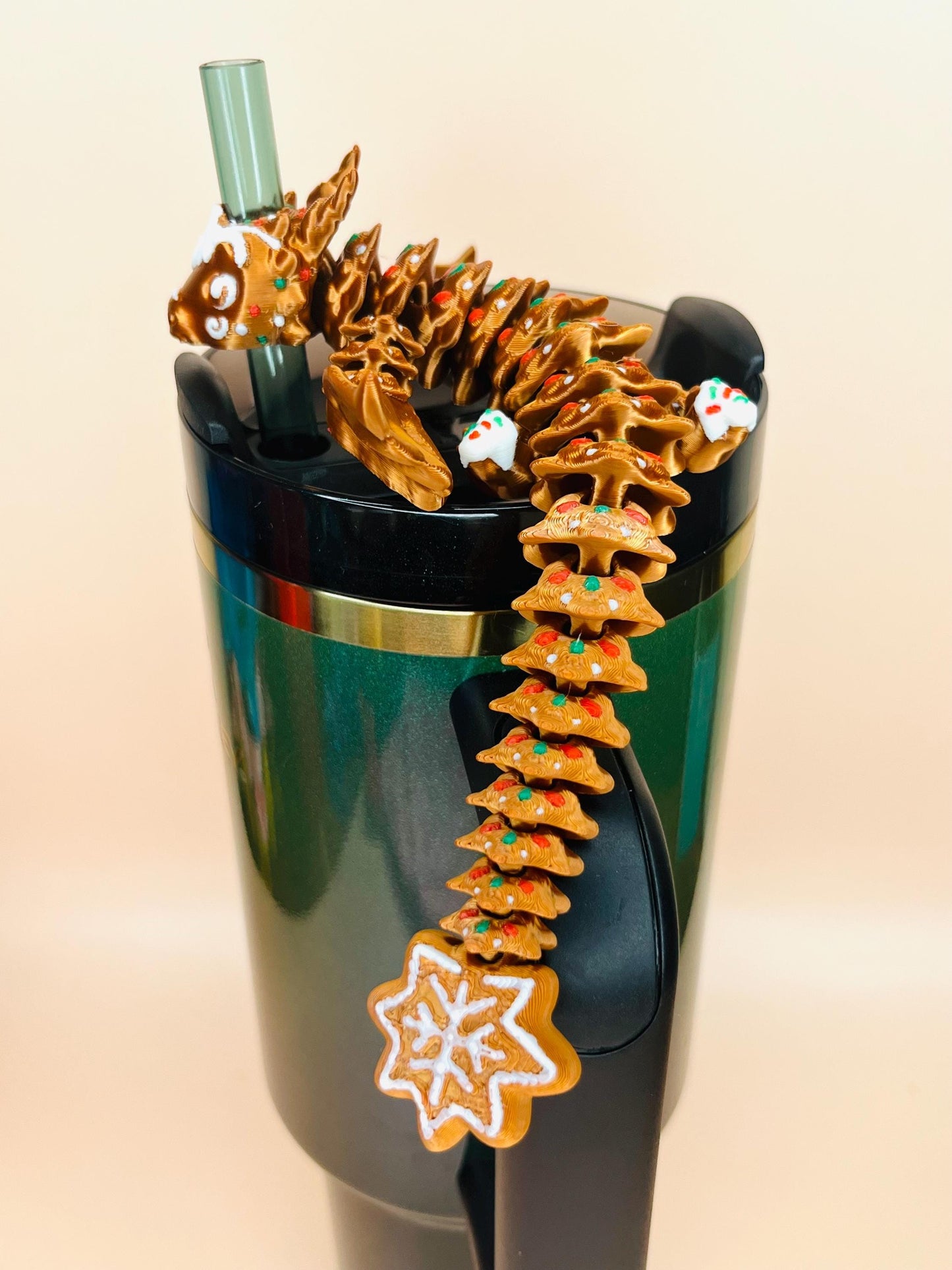 Gingerbread Dragon Straw Topper for Stanley Tumbler | Holiday Cup Charm | Flexible Christmas Drinkware Accessory | Cute Holiday Topper