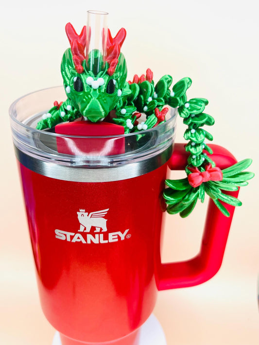 3D Printed Mistletoe Dragon Straw Topper for Stanley Tumblers – Flexible Holiday Tumbler Accessory with Festive Tail & Ribbon | Straw Charms