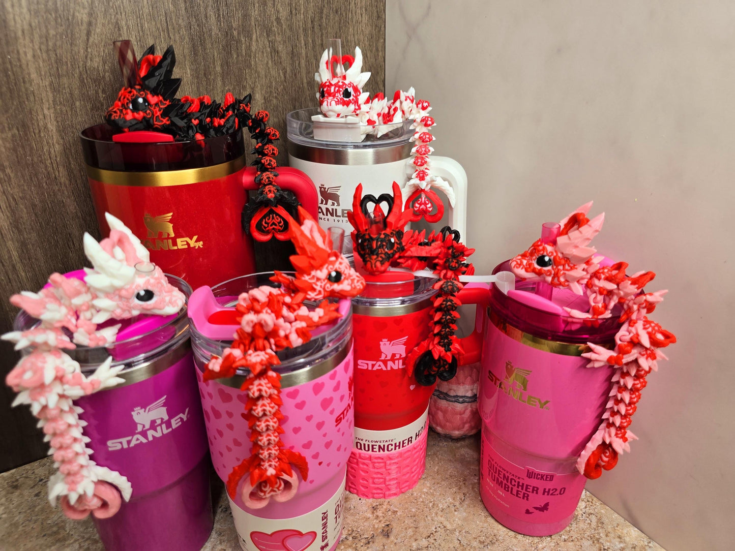 Valentine’s Dark Heart Dragon Straw Topper for Stanley Tumbler | Fantasy Cup Charm | Red Pink Gothic Tumbler Accessory | Tumbler Accessories