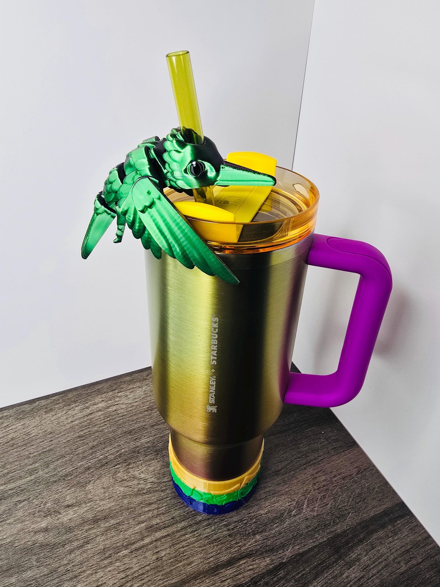 Colorful Mardi Gras Hummingbird Stanley Straw Topper – Flexible 3D Printed Tumbler Accessory in Green & Purple or Custom Colors Cup Charms