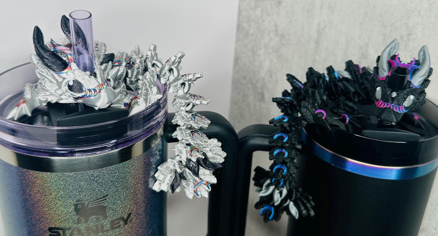 Lunar New Year Moon Dragon Tumbler Topper – 3D Printed Stanley Straw Accessory in Midnight Glitz or Black Chroma | Year of the Dragon Gift