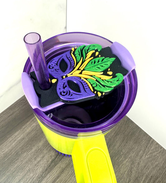 3D Printed Mardi Gras Mask Lid Topper for Stanley Tumblers –Festive Feathers in Purple, Gold & Green – Fits 20oz, 30oz, 40oz Cups! Cup Charm