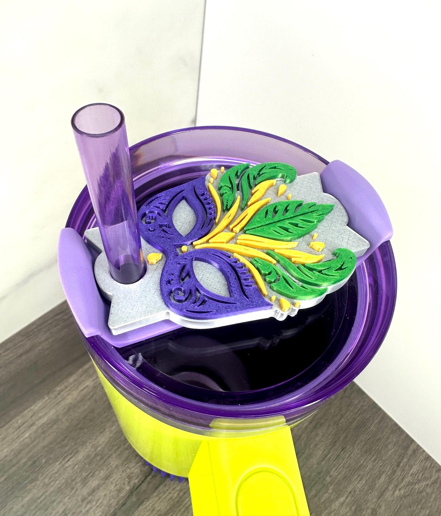 3D Printed Mardi Gras Mask Lid Topper for Stanley Tumblers –Festive Feathers in Purple, Gold & Green – Fits 20oz, 30oz, 40oz Cups! Cup Charm