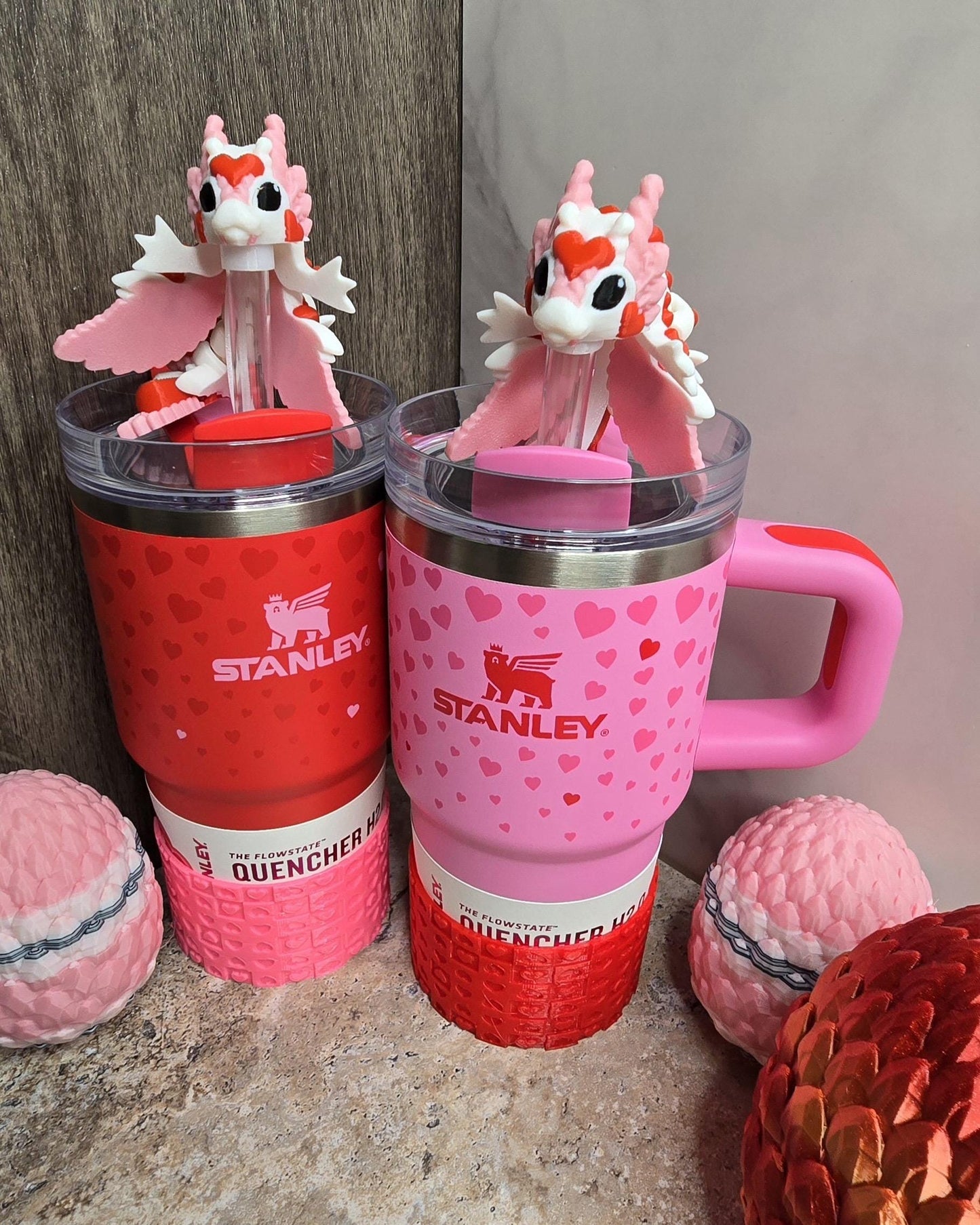 Valentine’s Tiny Heart Dragon Straw Cover – 3D Printed Tumbler Topper Accessory for Stanley | Red Pink | Gift Egg & Heart Boot Set Bundle
