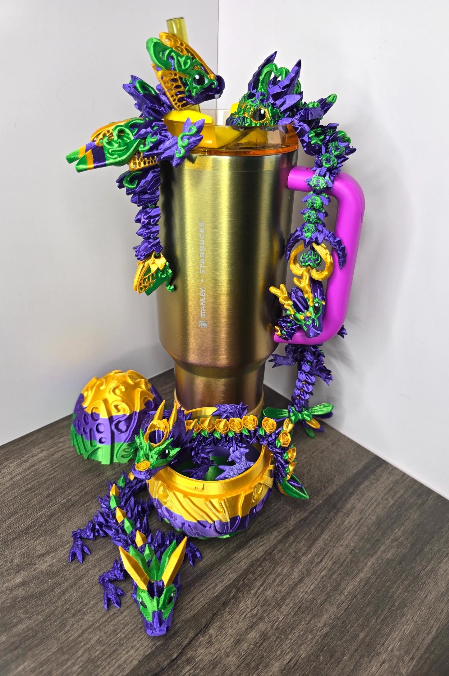 Mardi Gras Dragon Straw Toppers for Stanley Tumbler | Flexible Fantasy Cup Charms | Butterfly, Crystal, Rose, Hearts | Cute Tumbler Charms