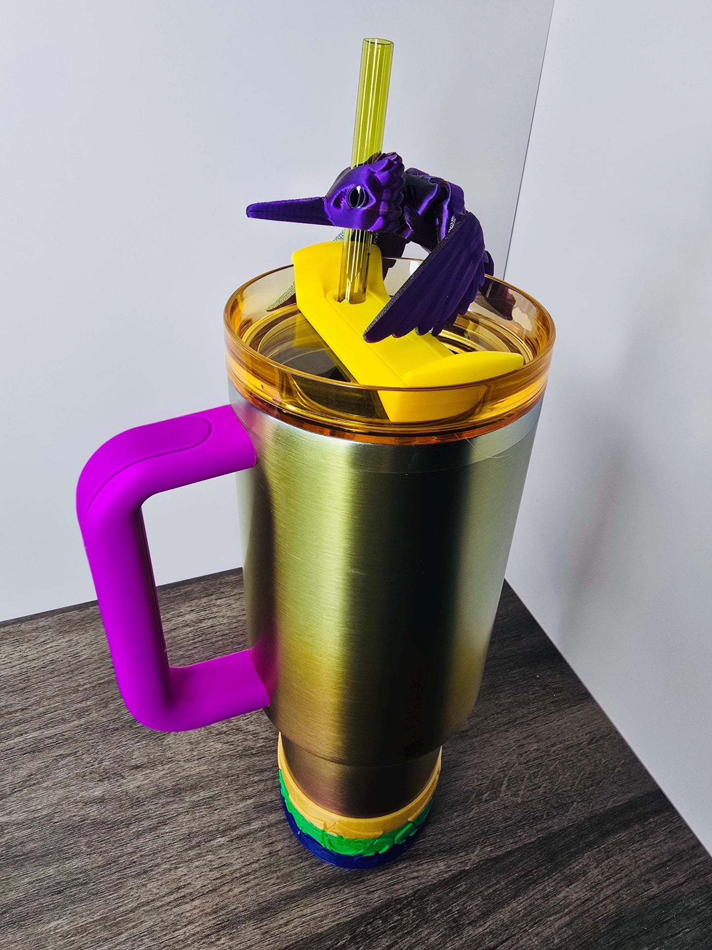Colorful Mardi Gras Hummingbird Stanley Straw Topper – Flexible 3D Printed Tumbler Accessory in Green & Purple or Custom Colors Cup Charms