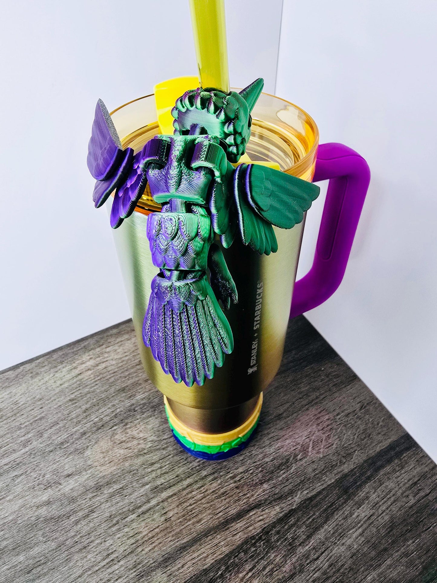 Colorful Mardi Gras Hummingbird Stanley Straw Topper – Flexible 3D Printed Tumbler Accessory in Green & Purple or Custom Colors Cup Charms