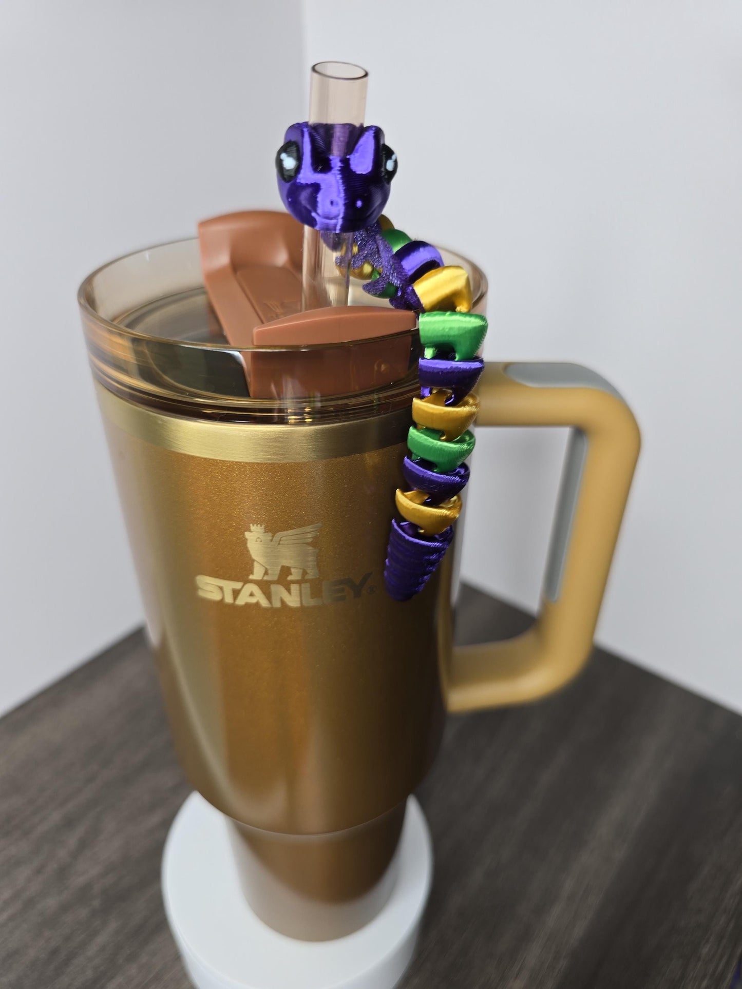Mardi Gras Snake Straw Topper – 3D Printed Flexible Accessory for Stanley Tumblers | Purple Green Gold Carnival Tumbler Charm