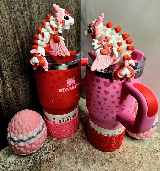 Valentine’s Tiny Heart Dragon Straw Cover – 3D Printed Tumbler Topper Accessory for Stanley | Red Pink | Gift Egg & Heart Boot Set Bundle