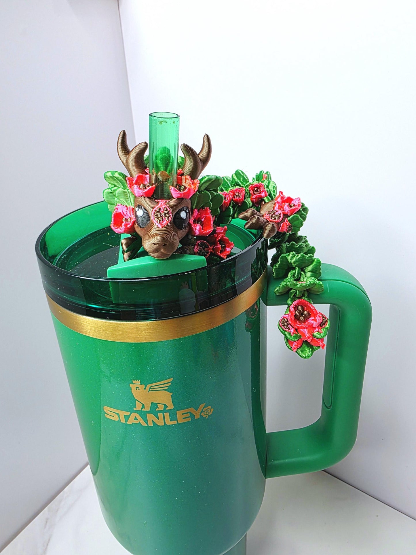 Persephone Dragon Straw Topper – Deer & Pomegranate Charm for Stanley Tumblers | Mythical Flexible Tumbler Accessory | Fruit Lovers Gift