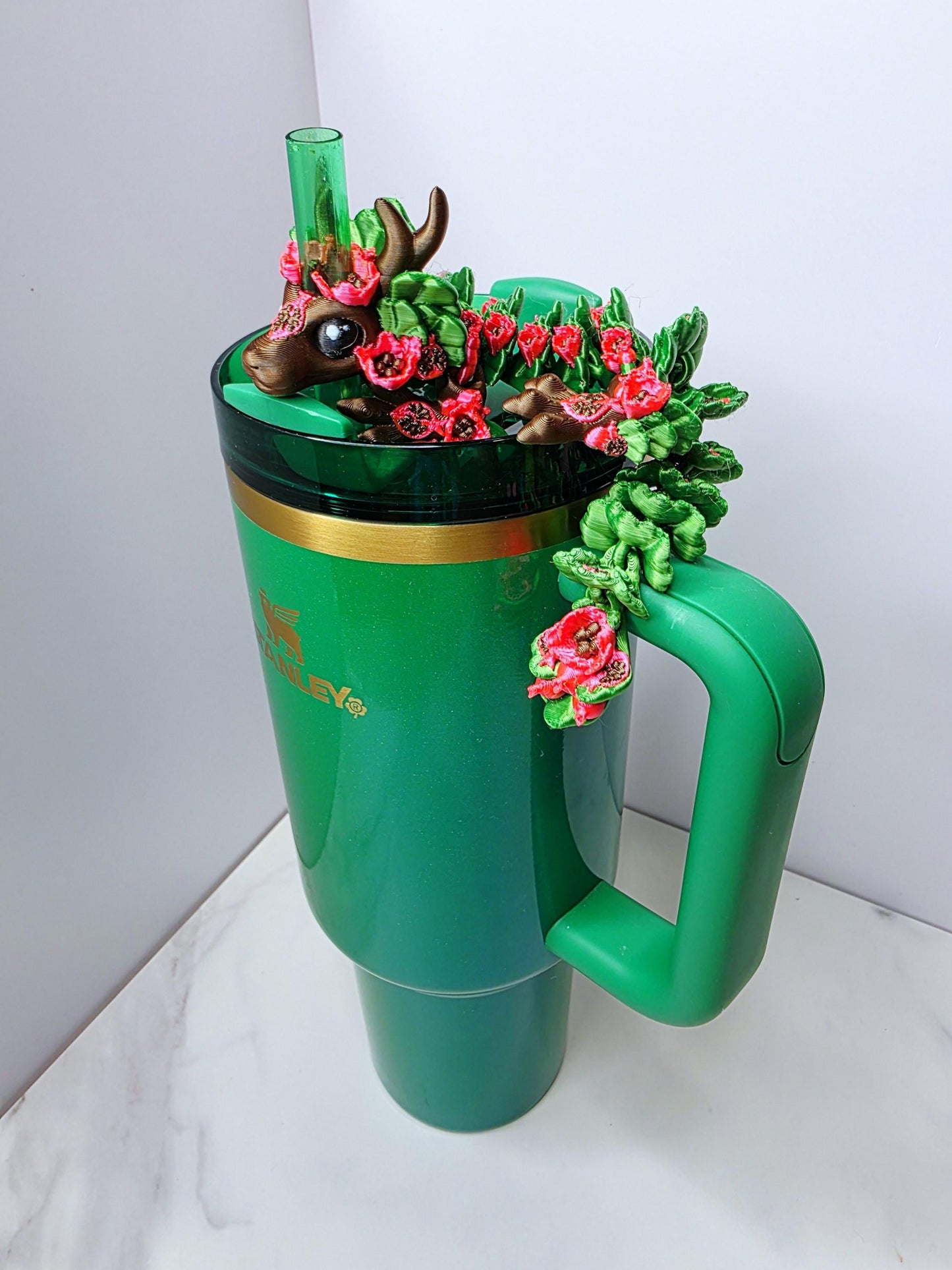 Persephone Dragon Straw Topper – Deer & Pomegranate Charm for Stanley Tumblers | Mythical Flexible Tumbler Accessory | Fruit Lovers Gift