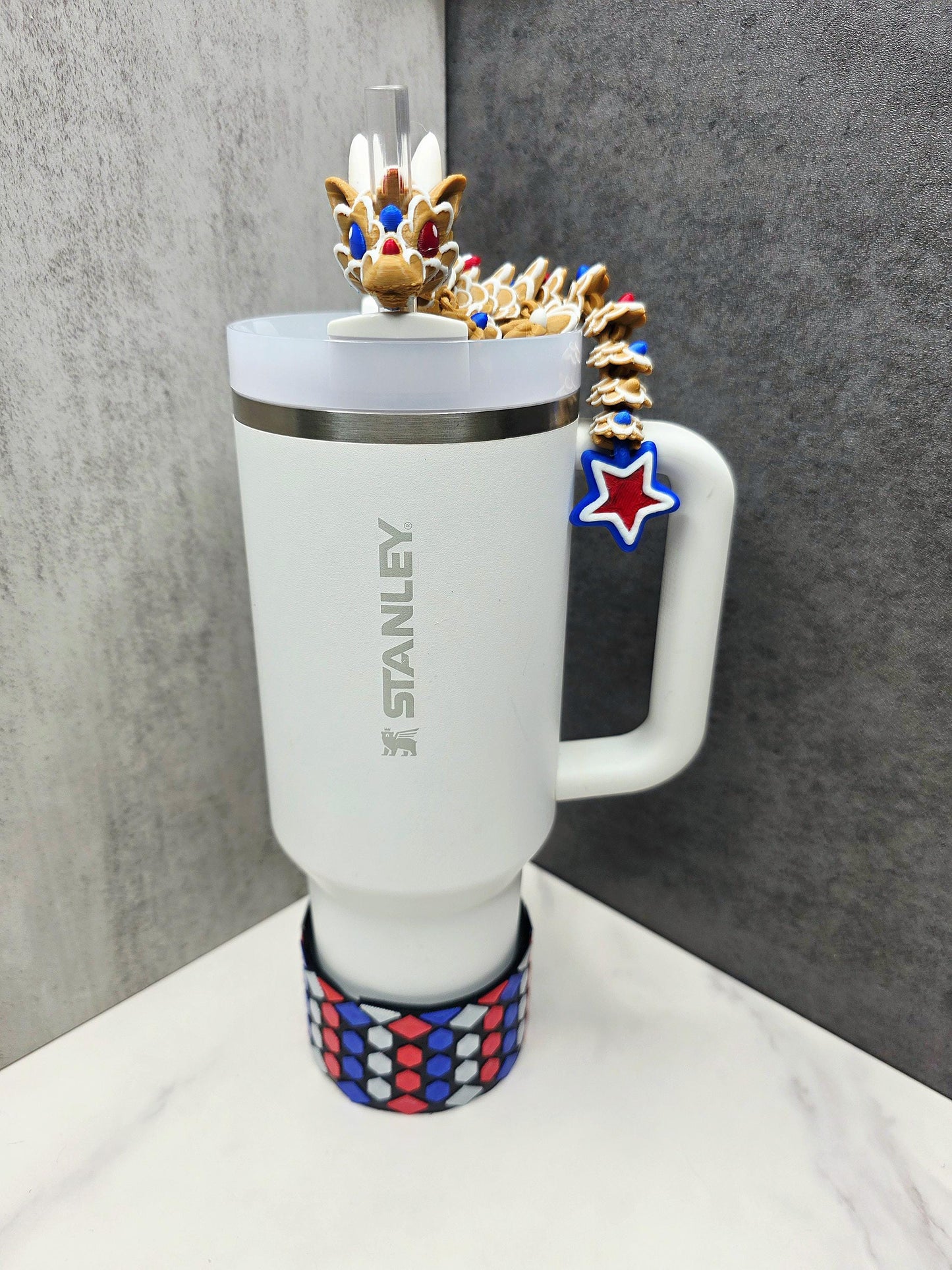 Fourth of July Star Dragon Straw Topper and Boot for Stanley Tumblers | Flexible Patriotic Dragon with Star Scales & Tail | USA