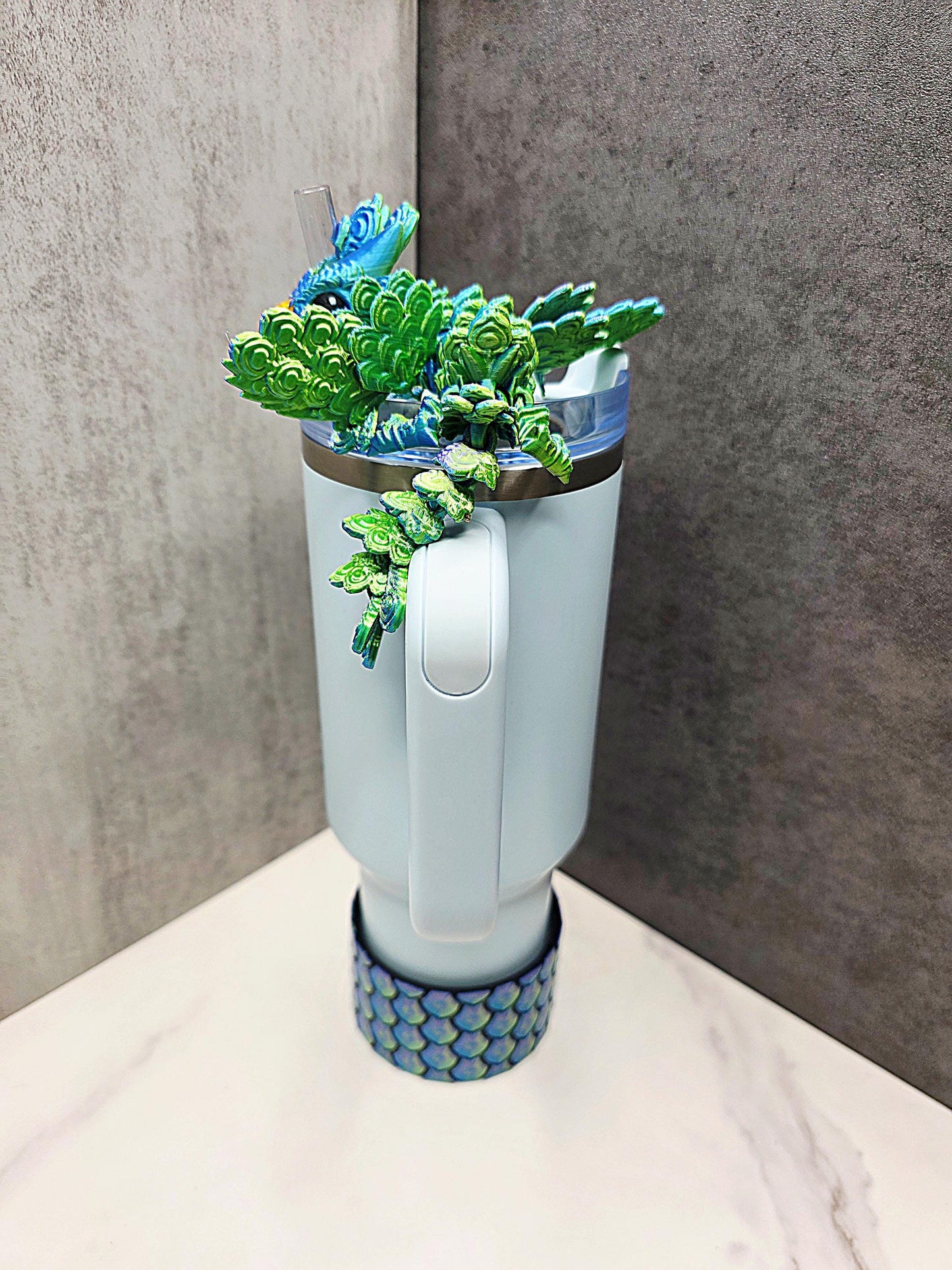 Peacock Dragon Stanley Tumbler Topper & Boot Set – 3D Printed Flexible Dragon Fits 20oz 30oz 40oz – Fantasy Cup Accessory | Tumbler Charms