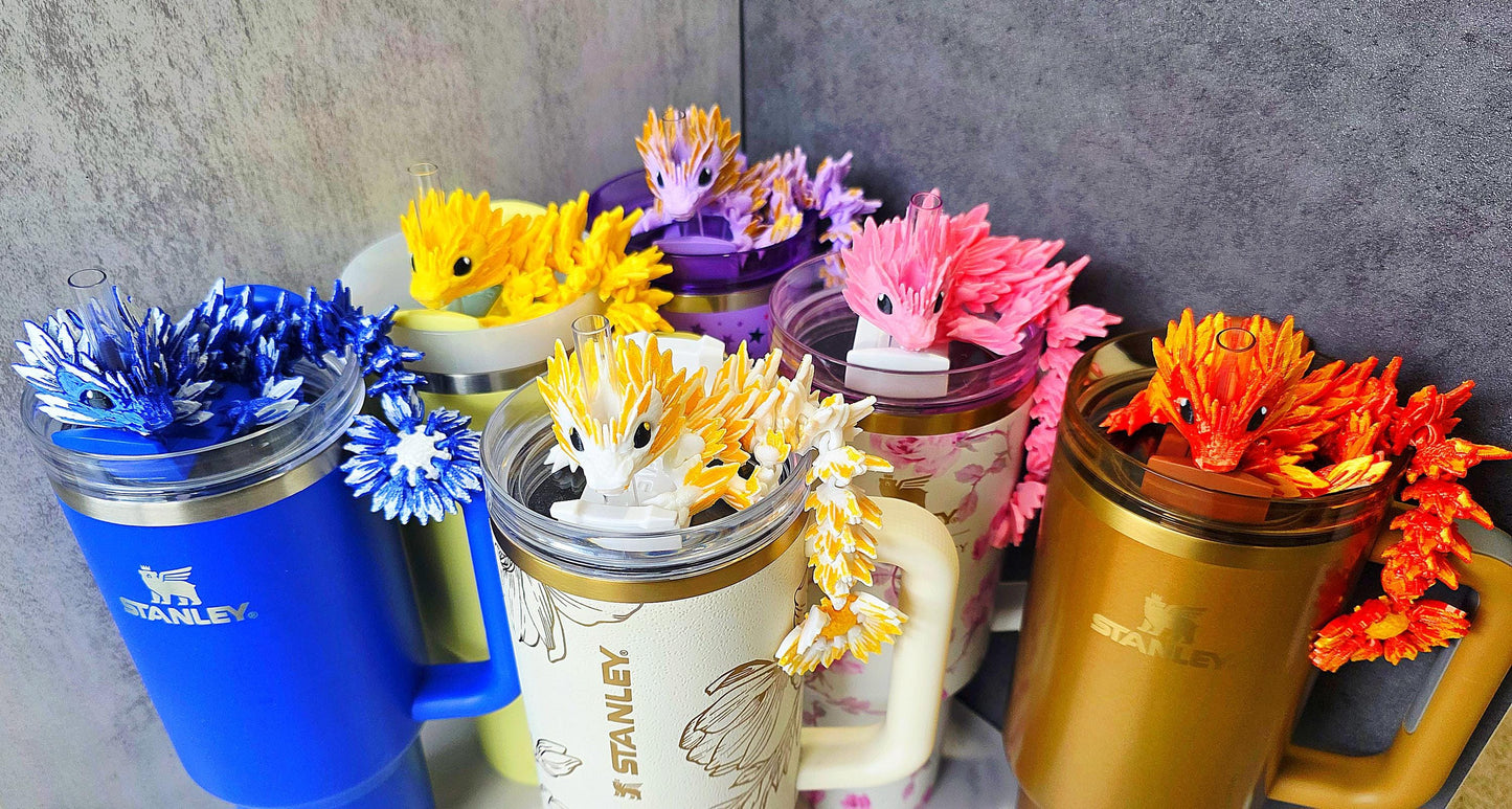 Cute Summer Flower Dragon Straw Toppers for Stanley Tumblers –Sunflower, Hydrangea, Aster, Marigold, Daisy, Geranium Matching Boot Accessory