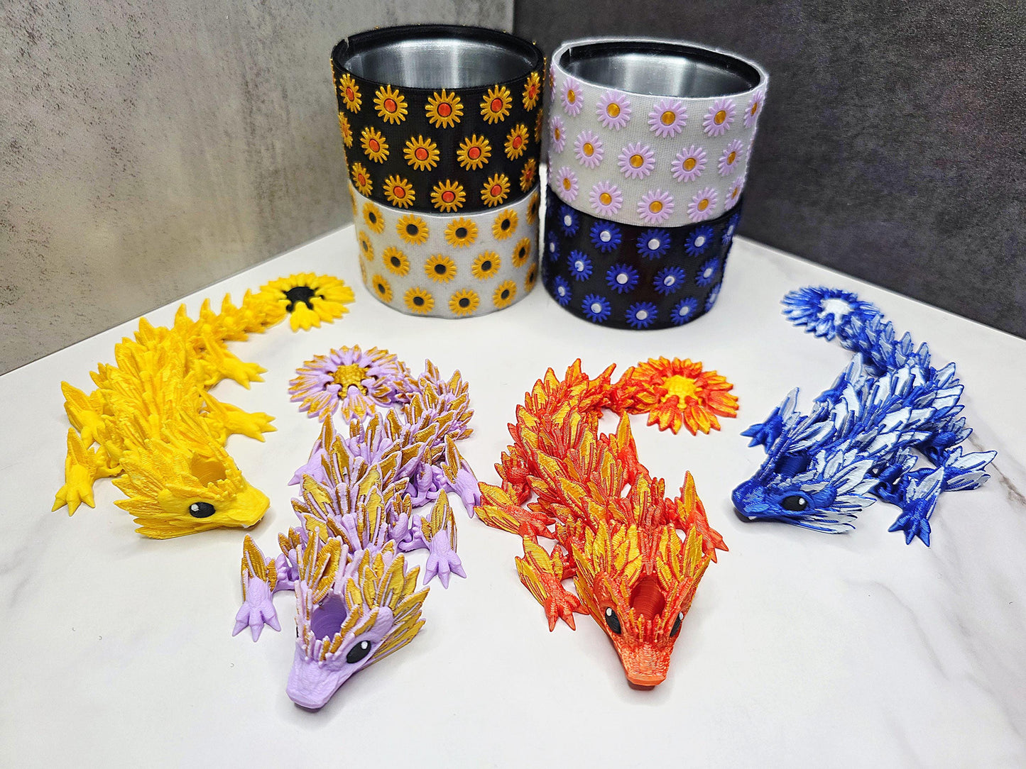 Cute Summer Flower Dragon Straw Toppers for Stanley Tumblers –Sunflower, Hydrangea, Aster, Marigold, Daisy, Geranium Matching Boot Accessory