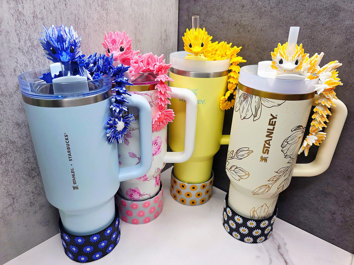Cute Summer Flower Dragon Straw Toppers for Stanley Tumblers –Sunflower, Hydrangea, Aster, Marigold, Daisy, Geranium Matching Boot Accessory