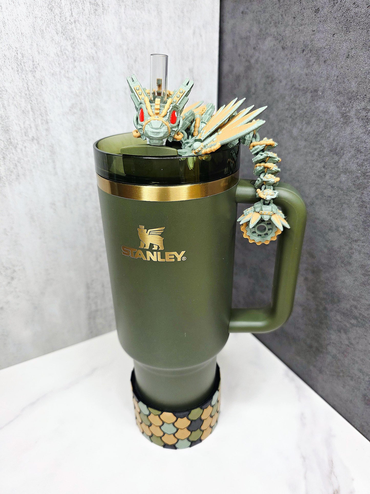 Steampunk Dragon Straw Topper & Camo Boot for Stanley Tumbler | Post Malone-Inspired Cup Set | Flexible Fantasy Gear Charm