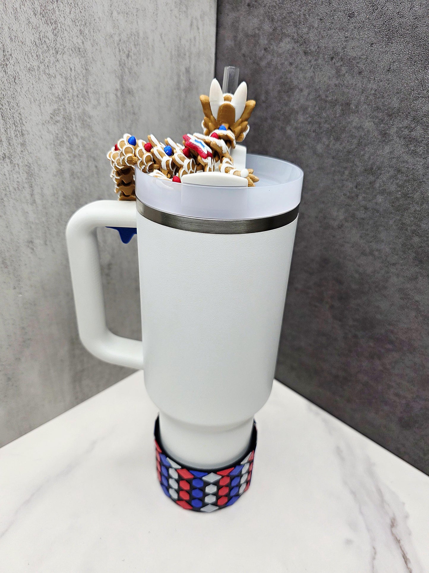 Fourth of July Star Dragon Straw Topper and Boot for Stanley Tumblers | Flexible Patriotic Dragon with Star Scales & Tail | USA