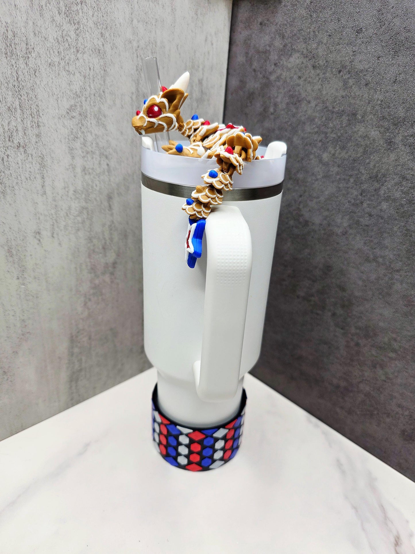Fourth of July Star Dragon Straw Topper and Boot for Stanley Tumblers | Flexible Patriotic Dragon with Star Scales & Tail | USA