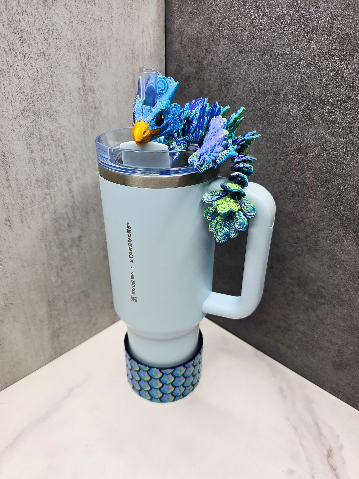 Peacock Dragon Stanley Tumbler Topper & Boot Set – 3D Printed Flexible Dragon Fits 20oz 30oz 40oz – Fantasy Cup Accessory | Tumbler Charms