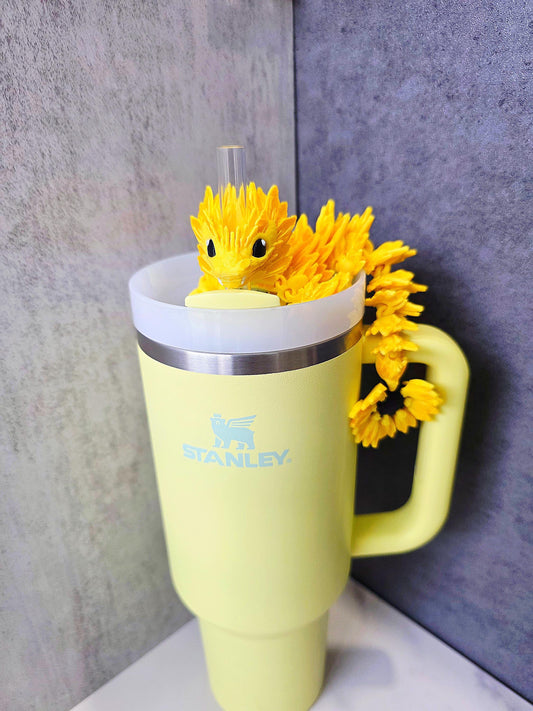 Sunflower Dragon Straw Topper for Stanley 30oz 40oz – Flexible Cup Accessory for Nature & Fantasy Lovers | Stanley Tumbler Charm Toppers