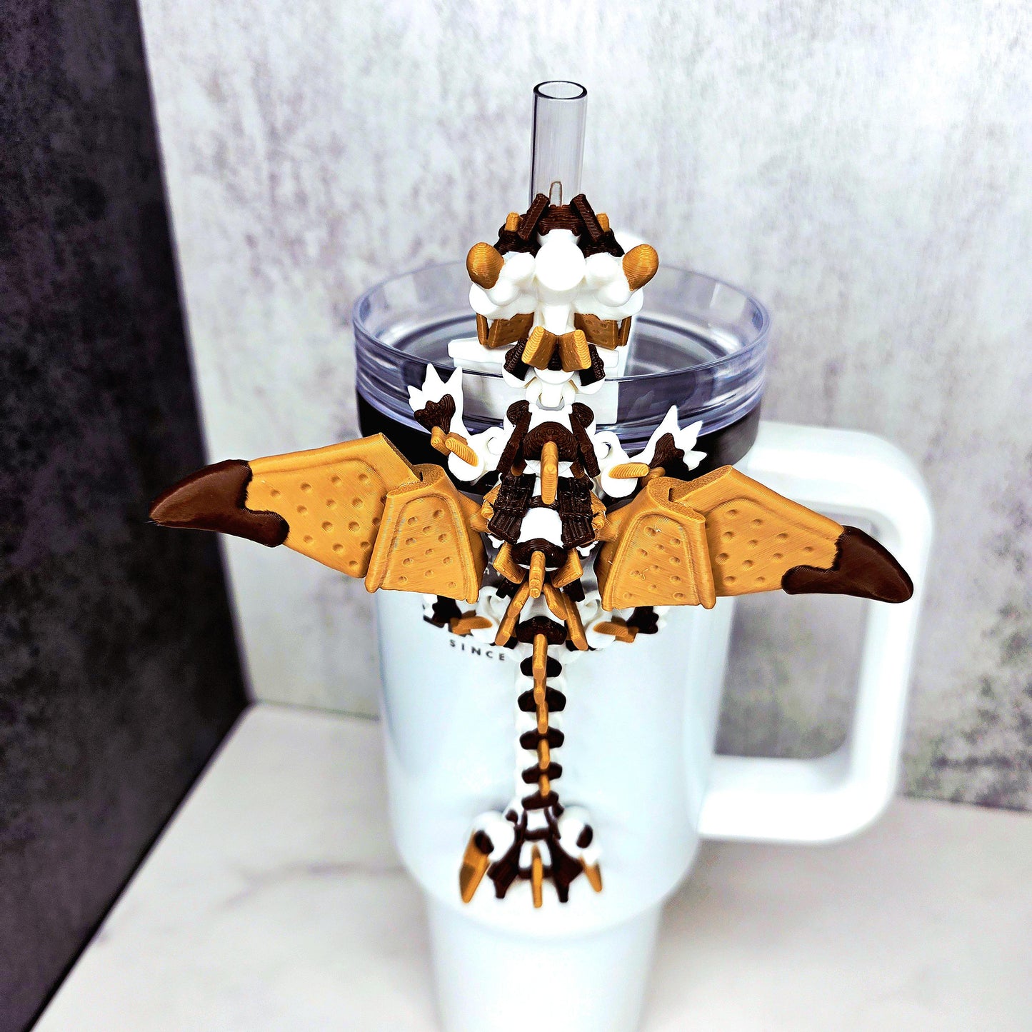 S’mores Dragon Stanley Straw Topper – Flexible 3D Printed Tumbler Accessory Charm with Marshmallow Scales, Graham Cracker Wings & Cow Face
