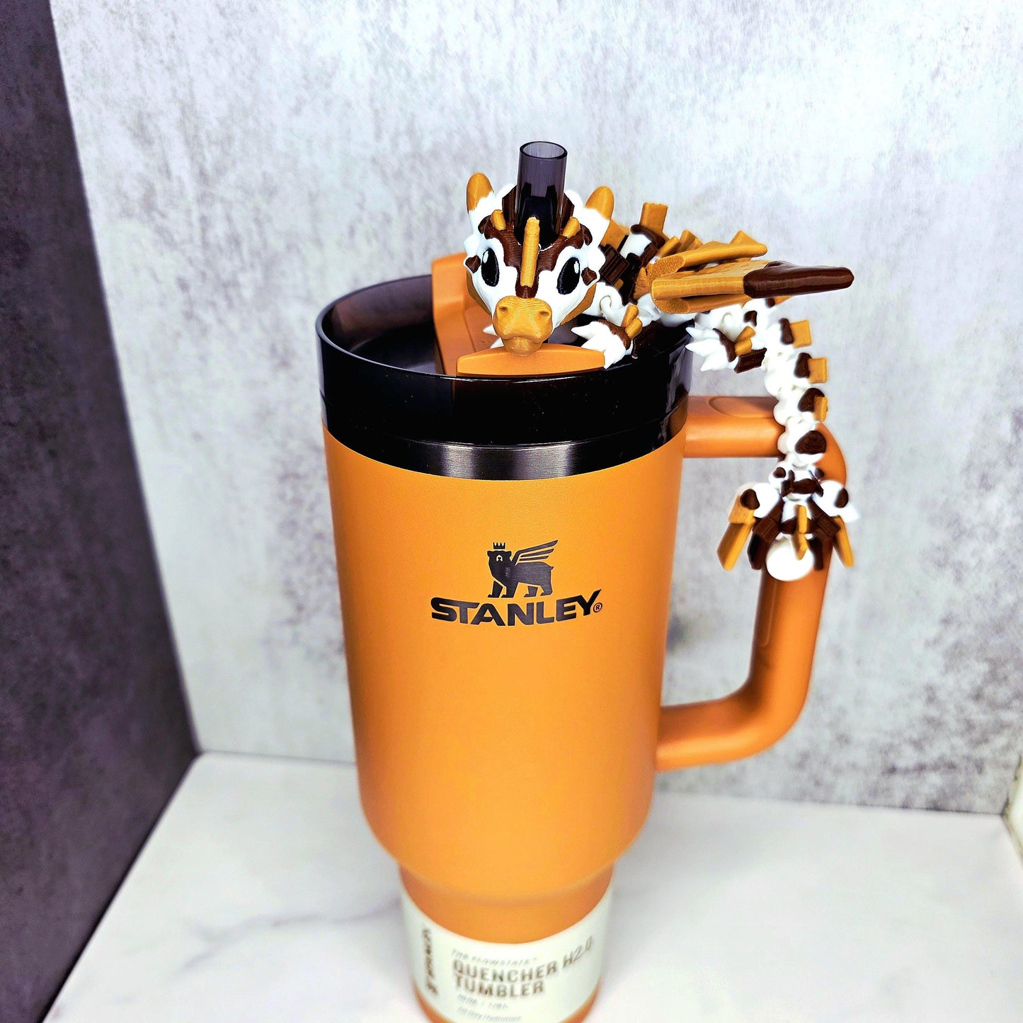 S’mores Dragon Stanley Straw Topper – Flexible 3D Printed Tumbler Accessory Charm with Marshmallow Scales, Graham Cracker Wings & Cow Face