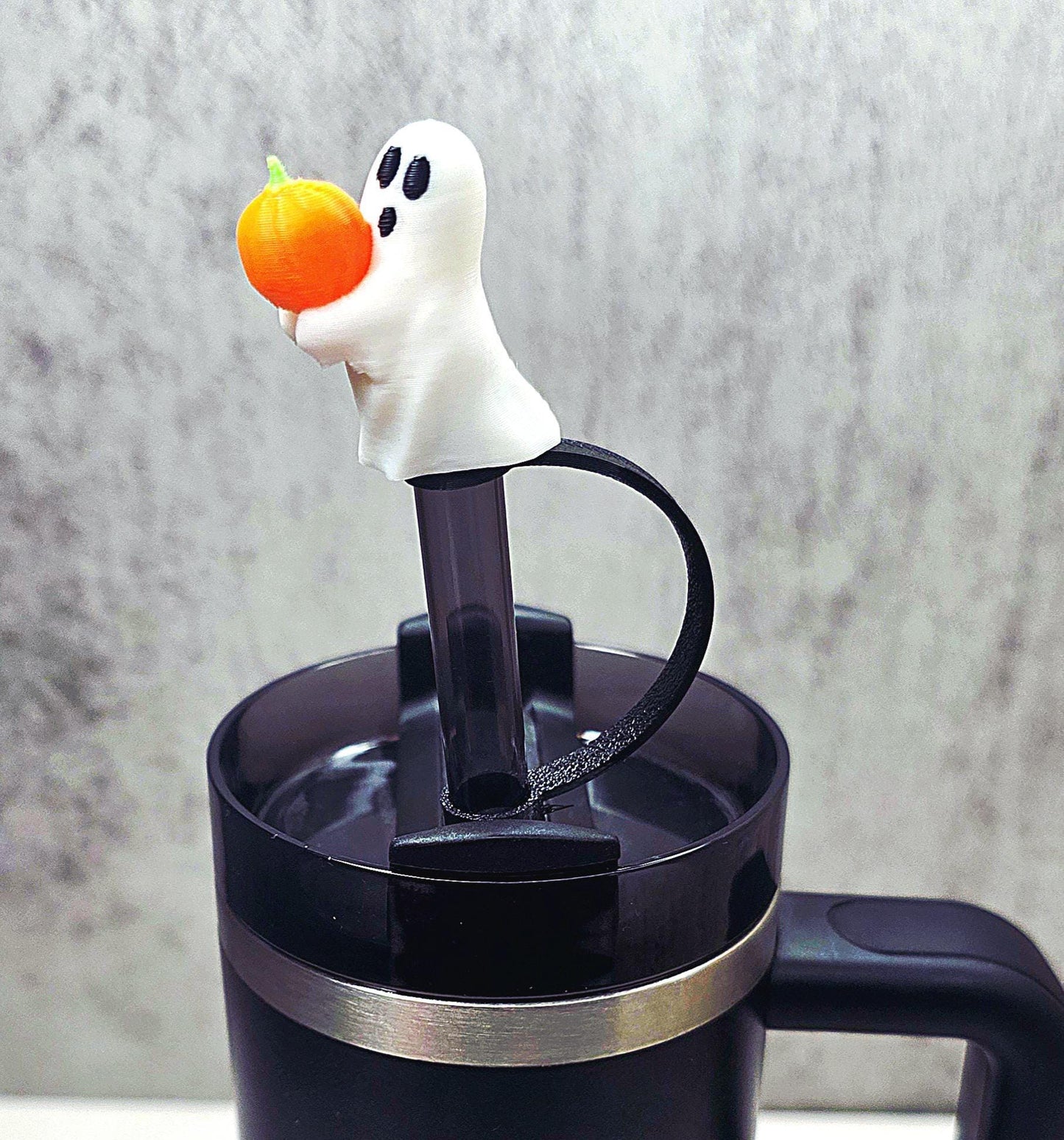 Cute Ghost Holding Pumpkin Stanley Straw Cover – Halloween Tumbler Accessory Charm to Keep Bugs & Debris Out | Fits 20oz 30oz 40oz Cups